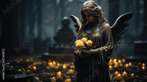 Sculpture of an angel with wings at a funeral in a cemetery near a gravestone. The angel of death and life meets the soul of the deceased