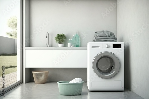 Washing machine in the room, washing machine, digital art style