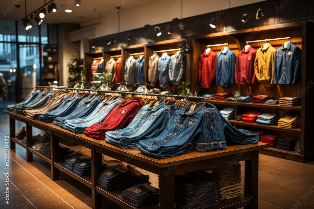 Clothing store's denim section featuring various styles and washes of jeans, Generative AI