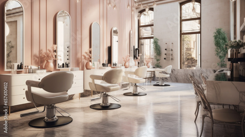 Stylish beauty salon interior. Hairdresser and makeup artist workplaces in one room, creative mirrors photo