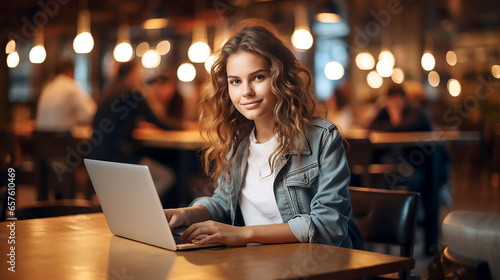 Image of beautiful young woman with long hair sitting at the table in cafe while using a laptop. Look at laptop