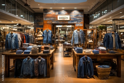 Clothing store's denim section featuring various styles and washes of jeans, Generative AI photo