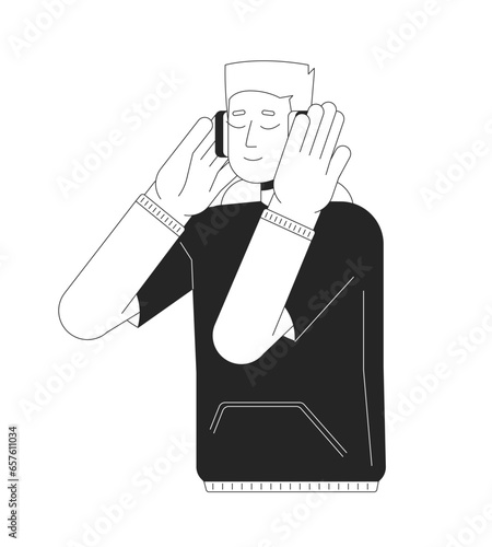 Pressing headphones teen boy black and white 2D line cartoon character. Listening to music beat isolated vector outline person. Meditating closed eyes. Music lover monochromatic flat spot illustration