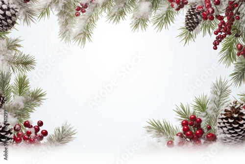 Holiday border of pine branches on white background for Christmas  in the style of snow scenes  with blank space for text. Generative AI