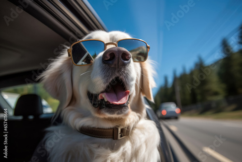 Happy dog enjoying from traveling by car , Dog in car wearing sunglasses sits inside a vehicle on a bright day