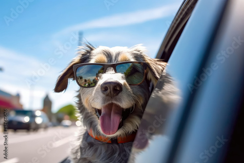 Happy dog enjoying from traveling by car , Dog in car wearing sunglasses sits inside a vehicle on a bright day © Atchariya63