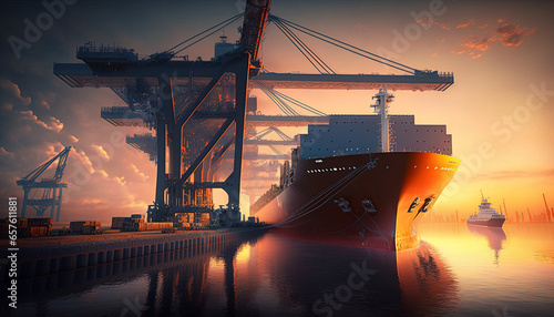 Logistics and transportation of Container Cargo ship with working crane bridge in shipyard at sunrise. Generative AI