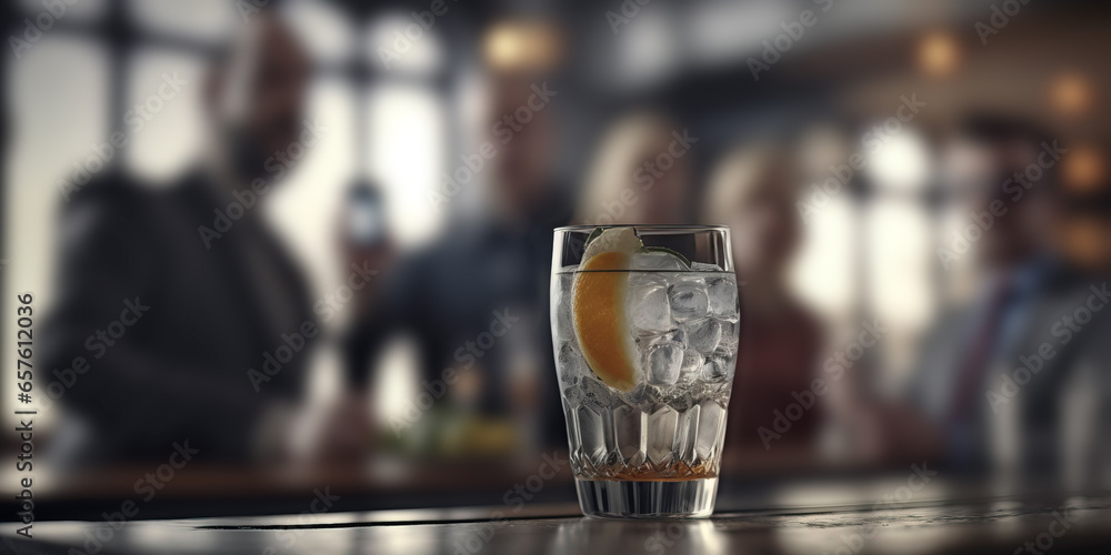 Cocktail close up in a bar setting. Blurred people in the background. Generative AI