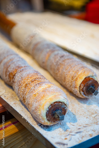 Photography trdelniki on a spit fried at the fair