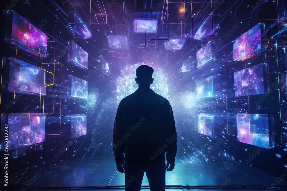 Back view of a man in front of many digital screens in dark room with neon light. Streaming services, metaverse, social media life concept Back view of a man in front of many digital screens in dark room with neon light. Streaming services, metaverse, social media life concept
