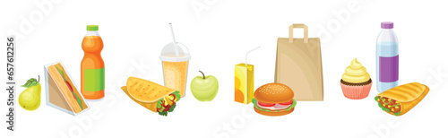 School Lunch Bag with Different Products Vector Set