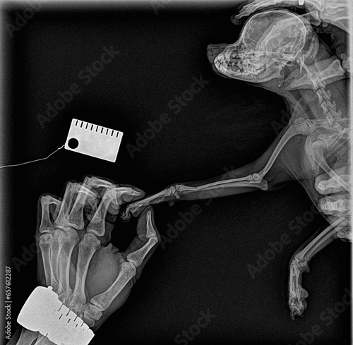 X-ray of a fractured front paw in a Pomeranian. Human hand supporting a sore paw. Radiography