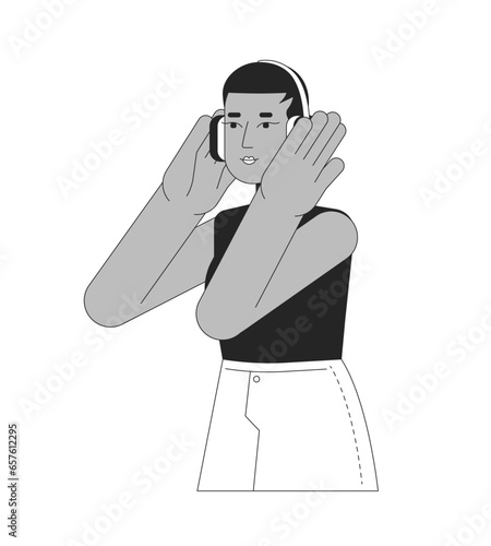 Short hair african american girl headphones black and white 2D line cartoon character. Happy female melomaniac isolated vector outline person. Podcast listener monochromatic flat spot illustration
