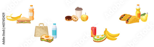 School Lunch Bag with Different Products Vector Set