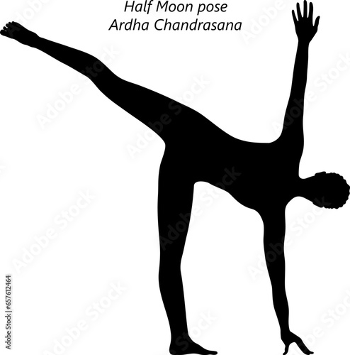 Silhouette of woman doing yoga Half Moon pose or Ardha Chandrasana. Intermediate Difficulty. Isolated vector illustration.