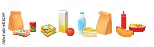 School Lunch Bag with Different Products Vector Set