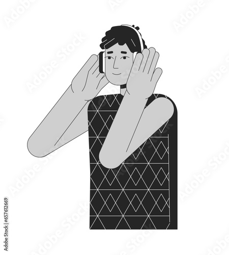 Headphones hispanic guy black and white 2D line cartoon character. Dreads latino listening to music beats isolated vector outline person. Podcast listener male monochromatic flat spot illustration
