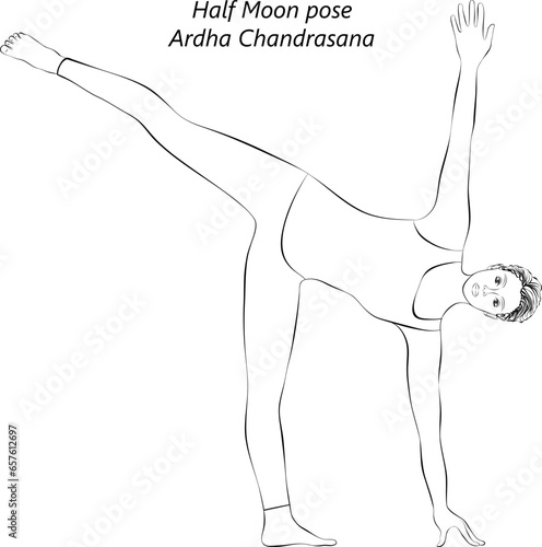Sketch of young woman doing yoga Half Moon pose or Ardha Chandrasana. Intermediate Difficulty. Isolated vector illustration.