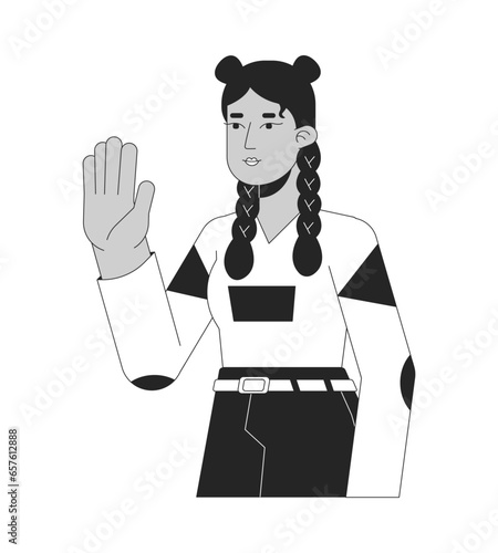 Stylish hispanic girl hello wave black and white 2D line cartoon character. Positive greeting teenager latina isolated vector outline person. Stop hand. Saying hi monochromatic flat spot illustration