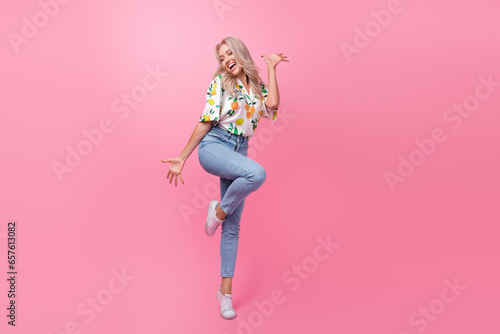 Full length fit body photo of gorgeous lady elegant dance model feel night vibe party stylish garment isolated on pink color background