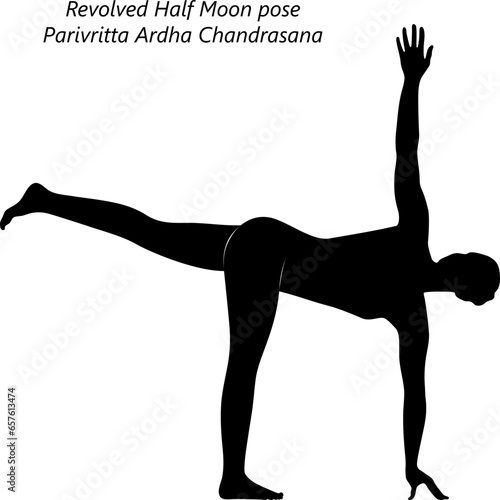 Silhouette of woman doing yoga Revolved Half Moon pose or Parivritta Ardha Chandrasana. Intermediate Difficulty. Isolated vector illustration.
