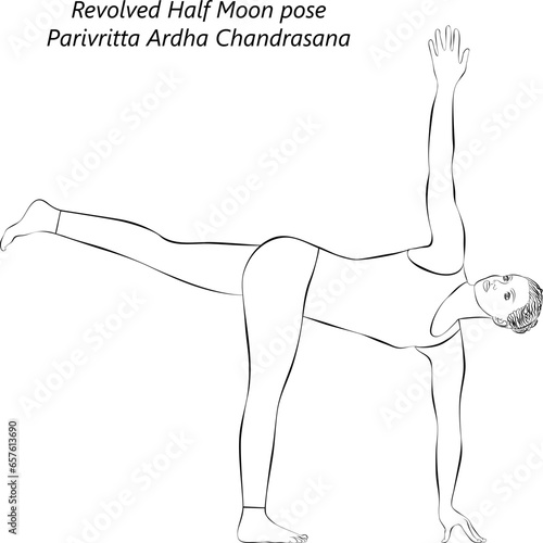Sketch of young woman doing yoga Revolved Half Moon pose or Parivritta Ardha Chandrasana. Intermediate Difficulty. Isolated vector illustration.