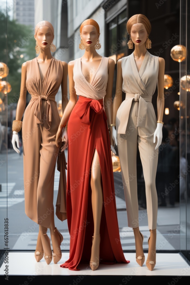 Chic clothing boutique's storefront with stylish mannequins, Generative AI