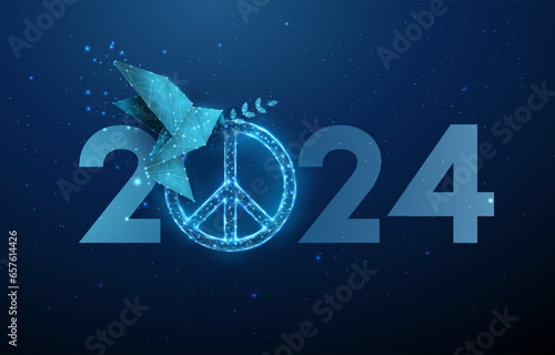 Abstract 2024 New Year greeting card with paper origami bird with olive branch and peace sign. Low poly style design.