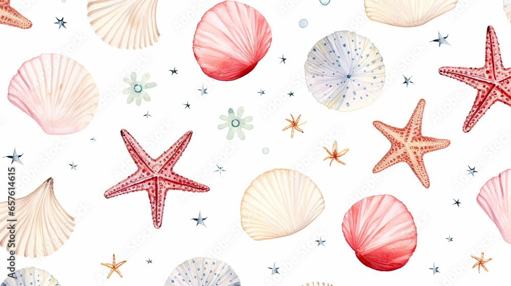 Marine watercolor hand drawn style of sea shell and starfish background Marine watercolor hand drawn style of sea shell and starfish background
