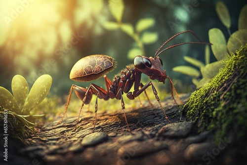 Ant in nature, ant close up, digital art illustration, color