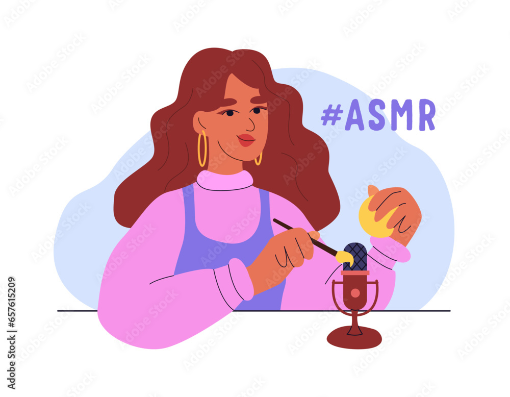 Young Woman Make ASMR Concept. Girl Using Brush on Microphone to Make Whisper, Tapping. Vector Illustration in Cartoon Style. Young Woman Make ASMR Concept. Girl Using Brush on Microphone to Make Whisper, Tapping. Vector Illustration in Cartoon Style.