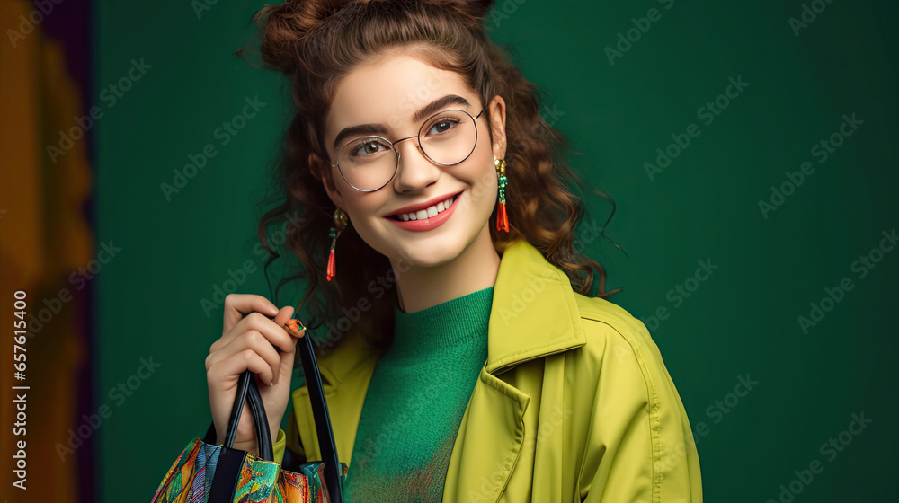 Cheerful Lady with Red Bag and Vibrant Ensemble Cheerful Lady with Red Bag and Vibrant Ensemble