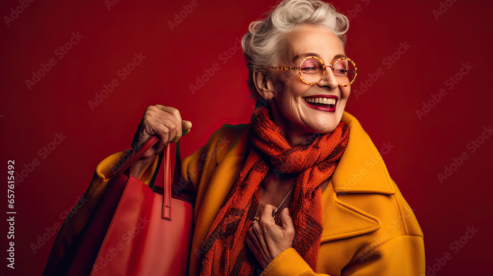 Cheerful Lady with Red Bag