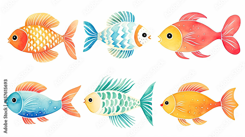 Naklejka premium Set of Watercolor Red Orange Yellow Turquoise Fish illustration on white background