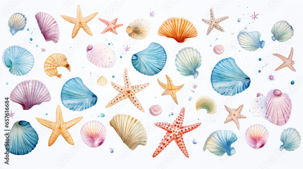 Watercolor set of seashells, starfish and bubble on white background Watercolor set of seashells, starfish and bubble on white background