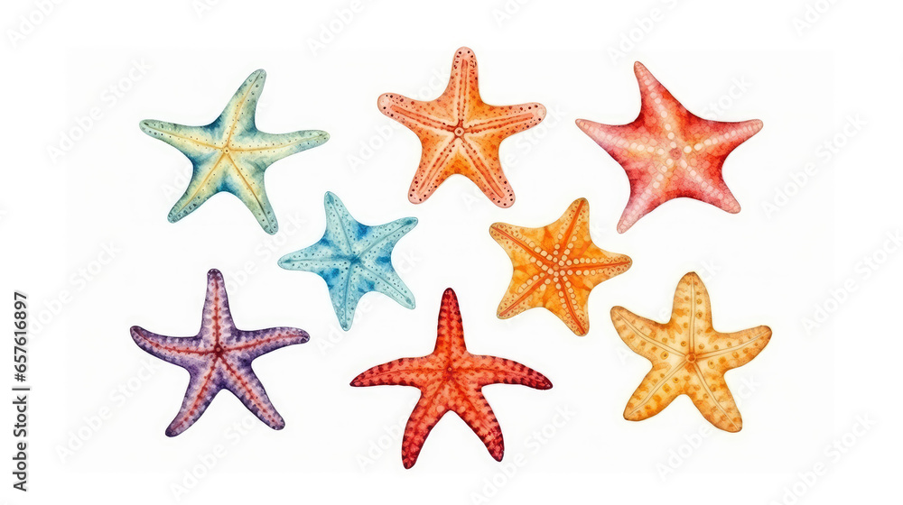 Fototapeta premium Watercolor set of starfish on isolated white background