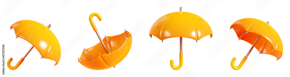 Open rain umbrella 3d render illustration - cartoon icon of autumn and rainy weather yellow element for seasonal design. - obrazy, fototapety, plakaty 