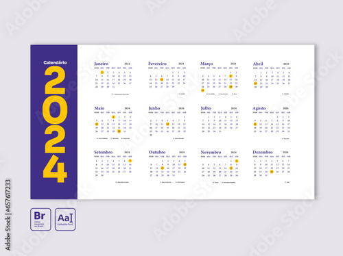 Calendário 2024 editável horizontal