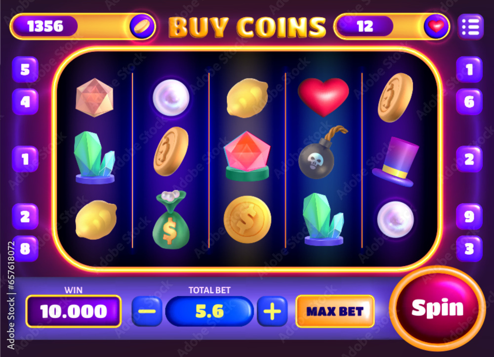Fototapeta premium Casino slots gameplay main screen. Gambling ui icons, cartoon elements or buttons set. Design game interface elements, assets and lucky symbols for mobile gamble app or slot machine vector.