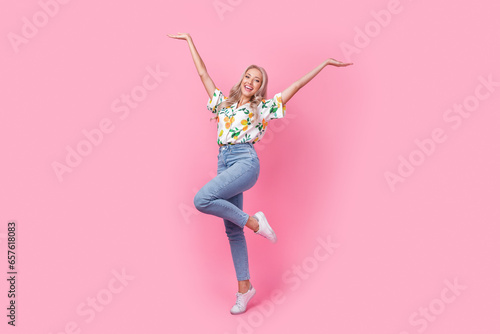 Full body size photo wear casual glamour clothes girl raised arms up celebrating victory beauty contest isolated on pink color background