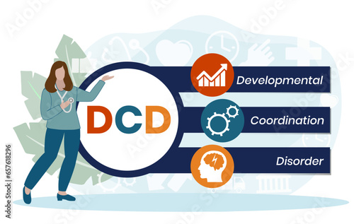 DCD - Developmental Coordination Disorder acronym. medical concept background. vector illustration concept with keywords and icons. lettering illustration with icons for web banner, flyer