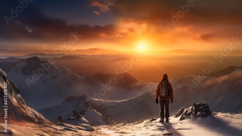 Hiker man with view of the sun setting behind the mountain range. Generative AI
