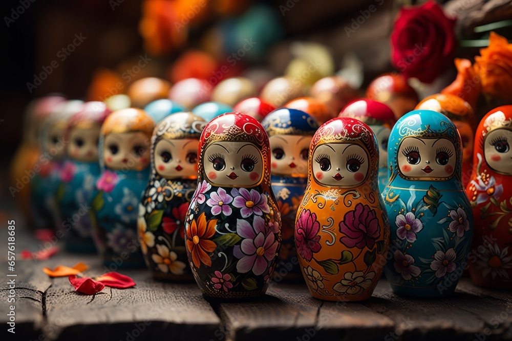 Traditional Russian matryoshka dolls arranged in a colorful display, Generative AI