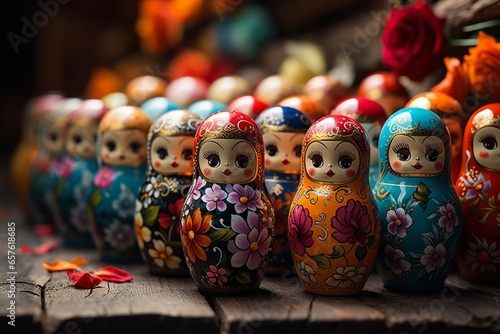 Traditional Russian matryoshka dolls arranged in a colorful display, Generative AI