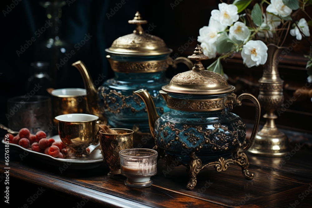 Traditional Russian tea ceremony with a samovar and porcelain teacups, Generative AI Traditional Russian tea ceremony with a samovar and porcelain teacups, Generative AI