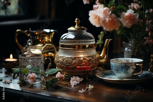 Traditional Russian tea ceremony with a samovar and porcelain teacups, Generative AI