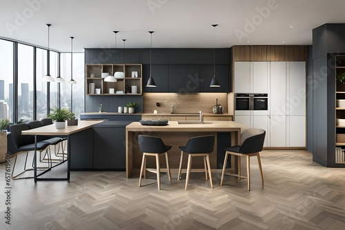 black marble in the kitchen with black chairs generated by AI