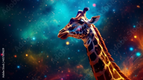 A giraffe standing in front of a star filled sky