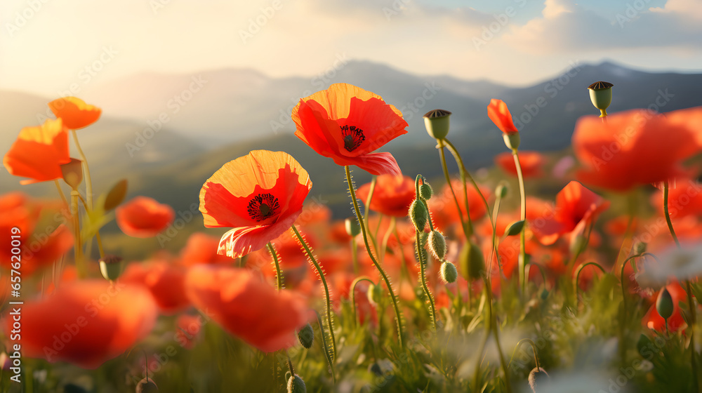 Naklejka premium Field of blossoming poppy flowers in the mountains. AI generated image.