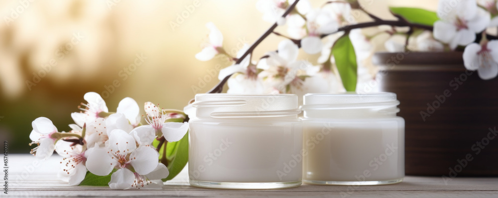 Moisturizing cream and almond blooms front view close up Moisturizing cream and almond blooms front view close up